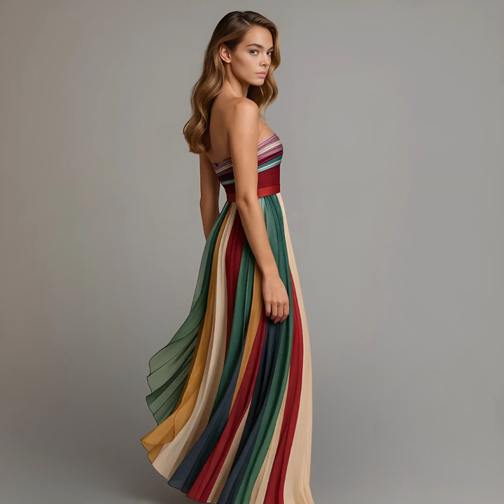 Stunning women's pleated colorblock strapless gown, a beautiful maxi dress for evening and special occasions.