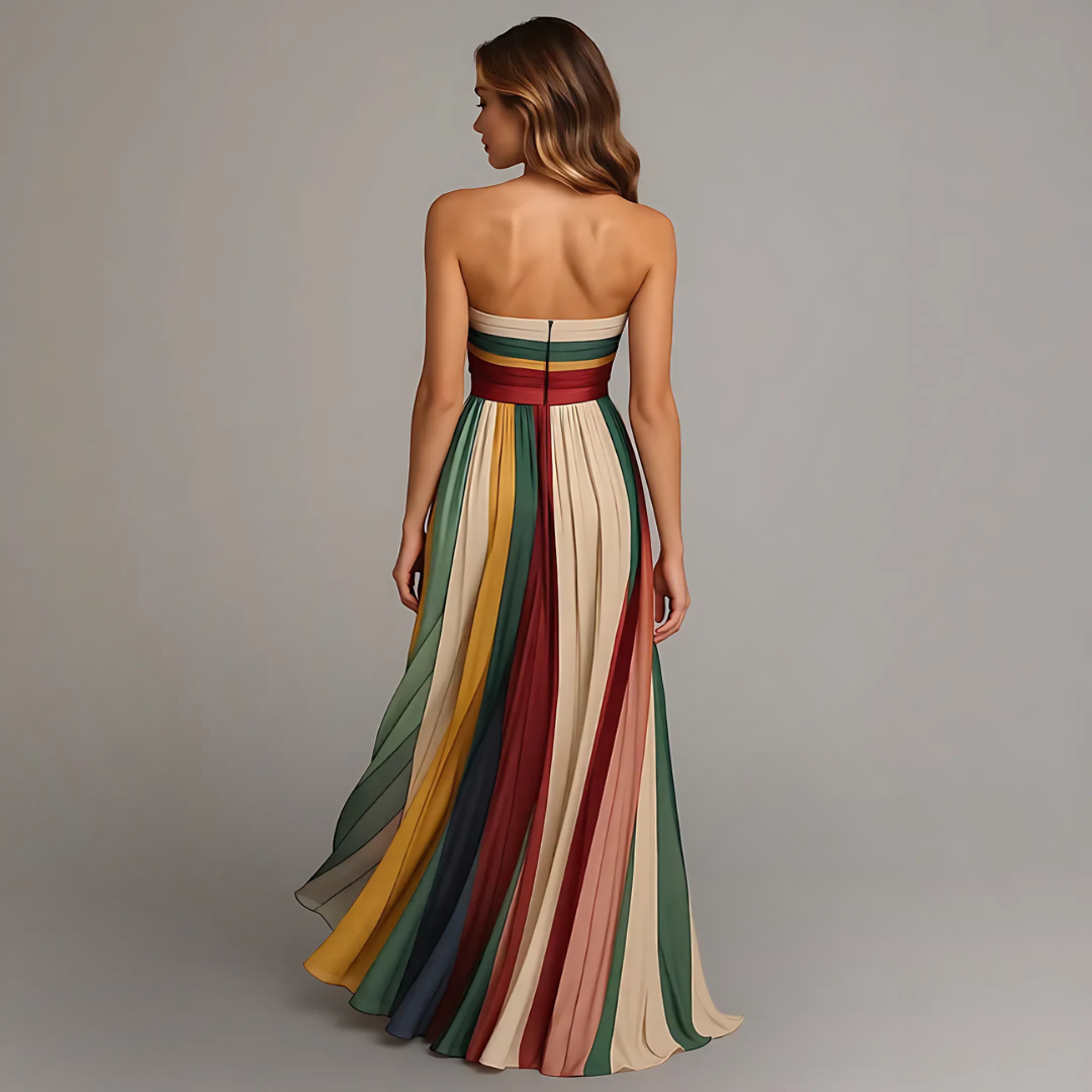 Formal women's strapless colorblock pleated maxi dress, an elegant party or evening gown for special occasions.