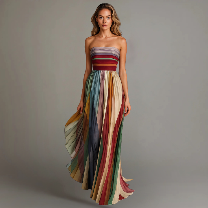 Women's strapless colorblock pleated maxi dress, perfect for evening, party, or formal special occasions.