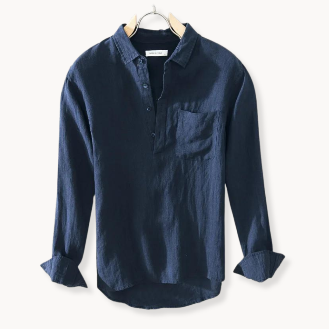 Stylish men's Amalfi popover shirt, a versatile long sleeve top for casual or smart casual events.