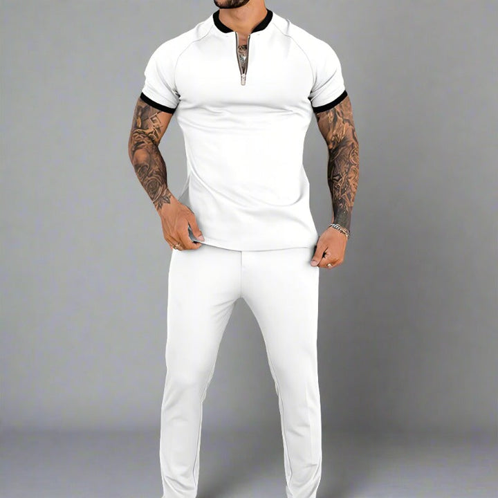 Full shot of men's stylish zip shirt, showcasing the contrasting collar & modern fashion design. Versatile top.