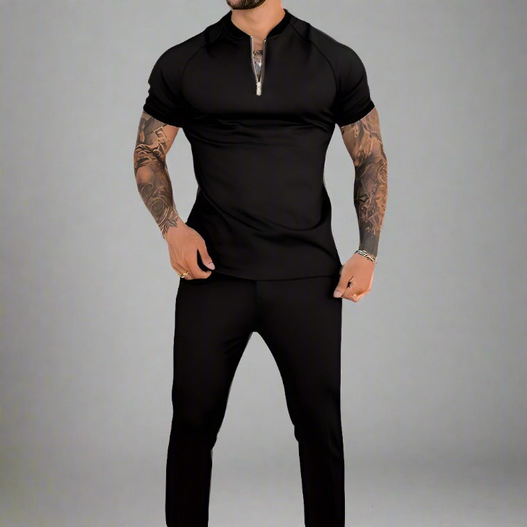 Detail of a men's collared zip shirt with elegant contrasting collar. Sophisticated casual style.