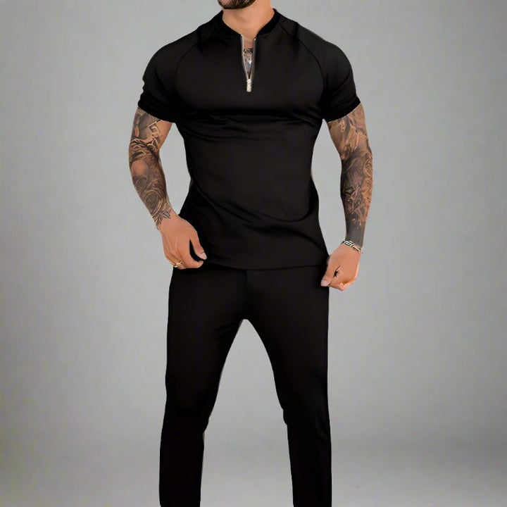 Detail of a men's collared zip shirt with elegant contrasting collar. Sophisticated casual style.