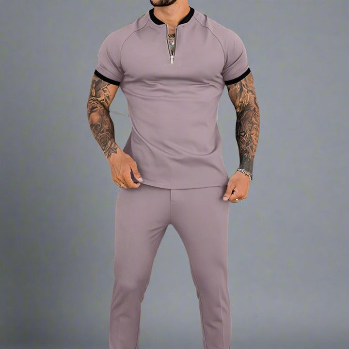 Modern men's zip shirt with contrasting collar, offering a comfortable & stylish look for smart casual outfits.