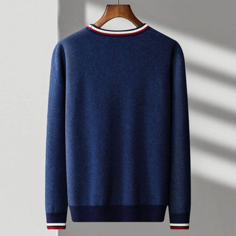 Men's versatile deep blue & cream white striped V-neck cardigan, comfortable button-down knit for daily wear.
