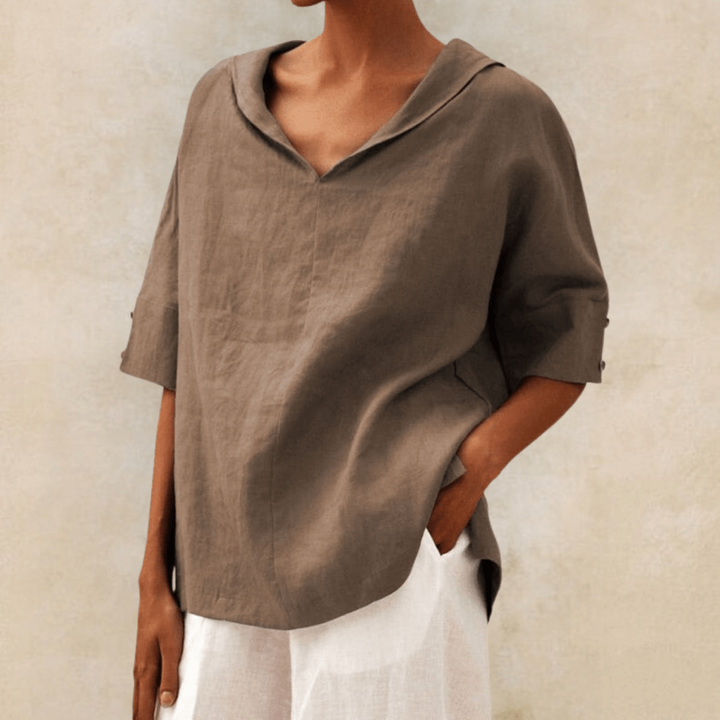 Versatile women's collared V-neck tunic blouse. Chic short sleeve top for effortless spring & summer casual and everyday outfits.