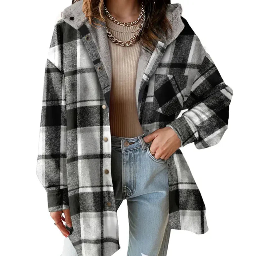 Oversized women's plaid hooded shacket, soft teddy bear lining, perfect for chilly weather.