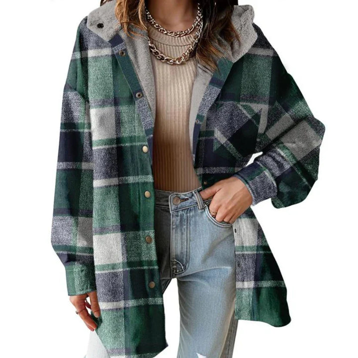 Trendy women's hooded shacket, chic plaid pattern, cozy teddy bear style, warm outer layer.