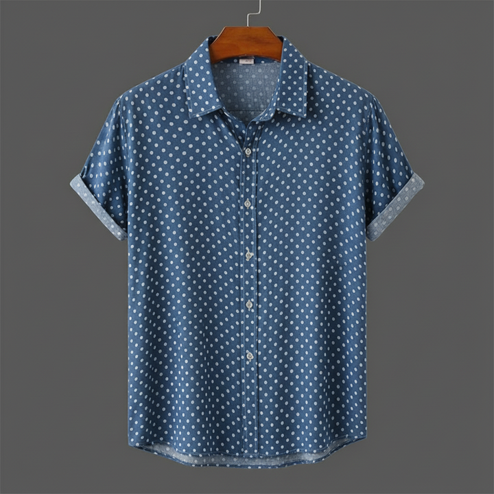 Vibrant men's polka dot cabana shirt, short sleeve and relaxed, great for any summer activity.