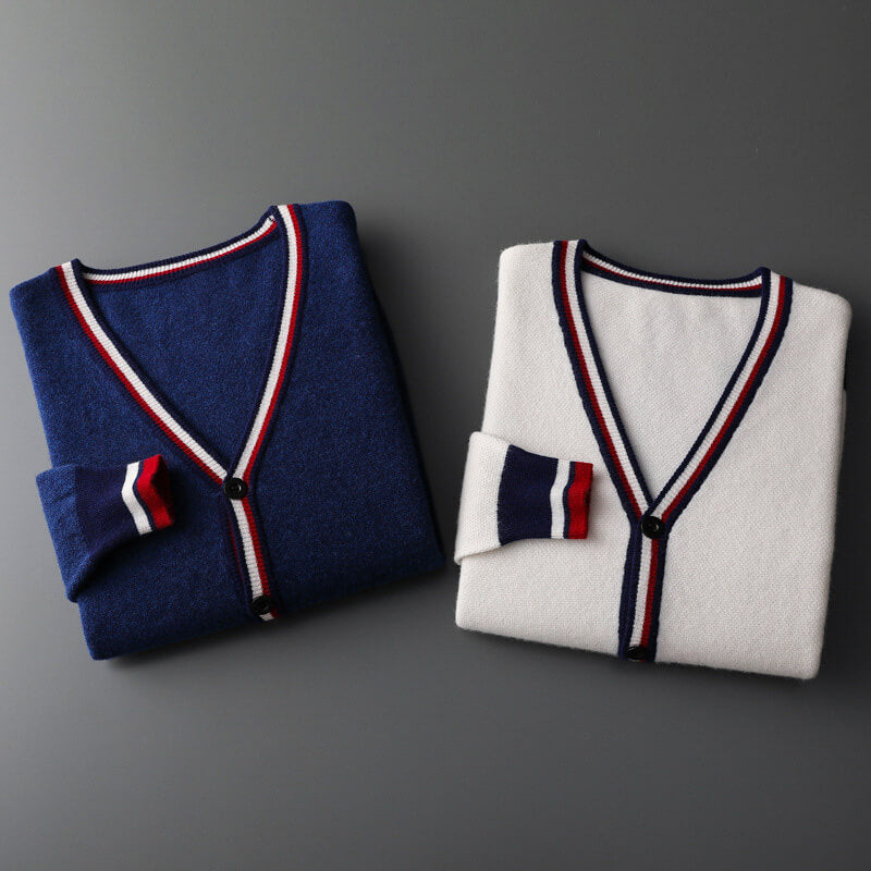 Elegant men's fashion striped V-neck cardigan in deep blue & cream white, button-down knit sweater.
