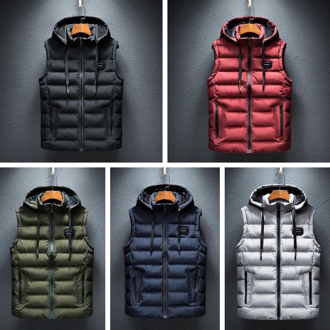 Durable men's insulated alpine vest, water-resistant with detachable hood, perfect for outdoor layering.