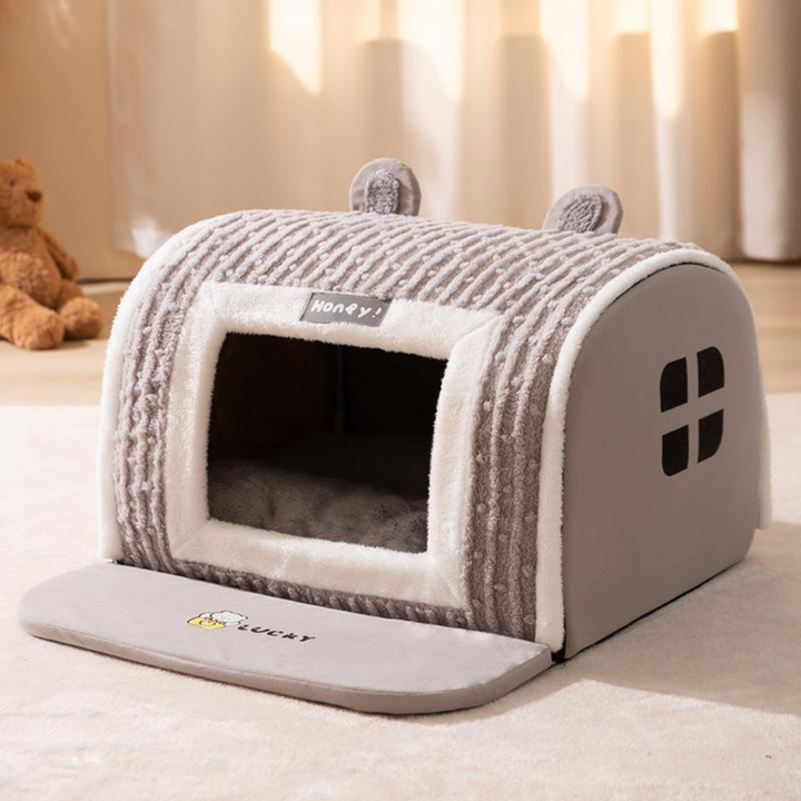 Stylish Lomi Brown pet kennel & bed, ideal cozy retreat for small/medium dogs & cats. Comfortable indoor pet furniture.