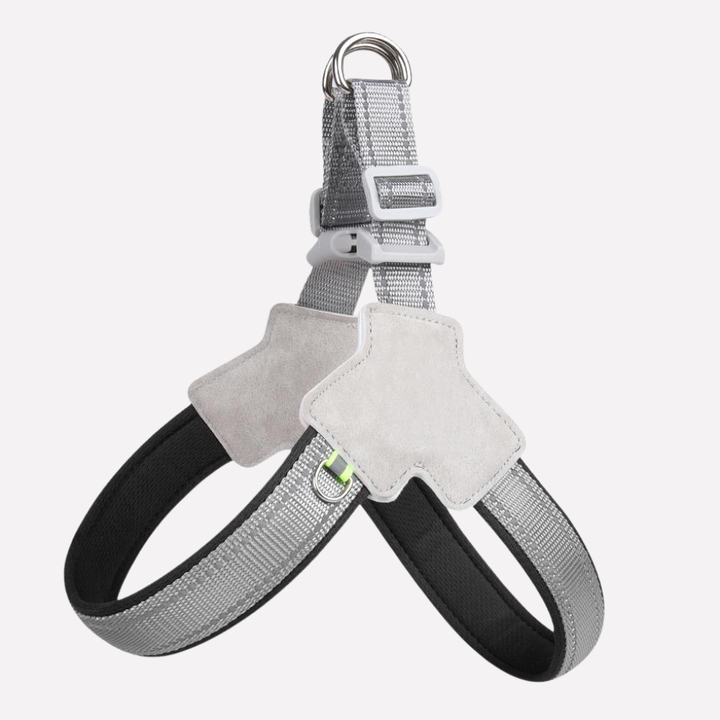 Black adjustable no-pull dog harness with padded chest strap for comfortable pet walking & training. Ideal for puppies.