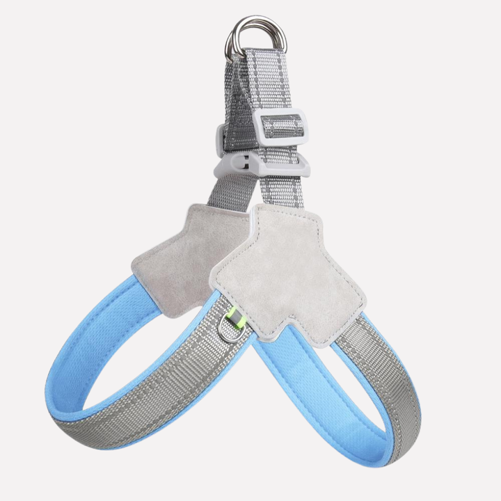Blue ergonomic no-pull dog harness for all-day comfort during walking, training & travel. Reflective straps for safety.