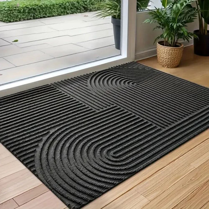 Stylish home decor floor mat with a modern line pattern. Absorbent, non-slip, elegant utility mat.