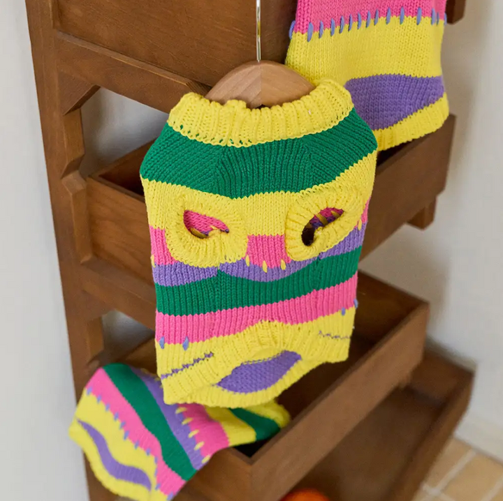 Soft knit colorful striped sleeveless dog jumper, ideal cozy pet clothing for small dogs & dachshunds.