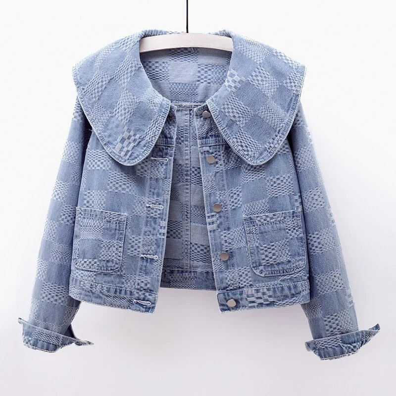Fashionable blue cropped jacket for women, featuring a chic collar; ideal for stylish everyday casual wear.