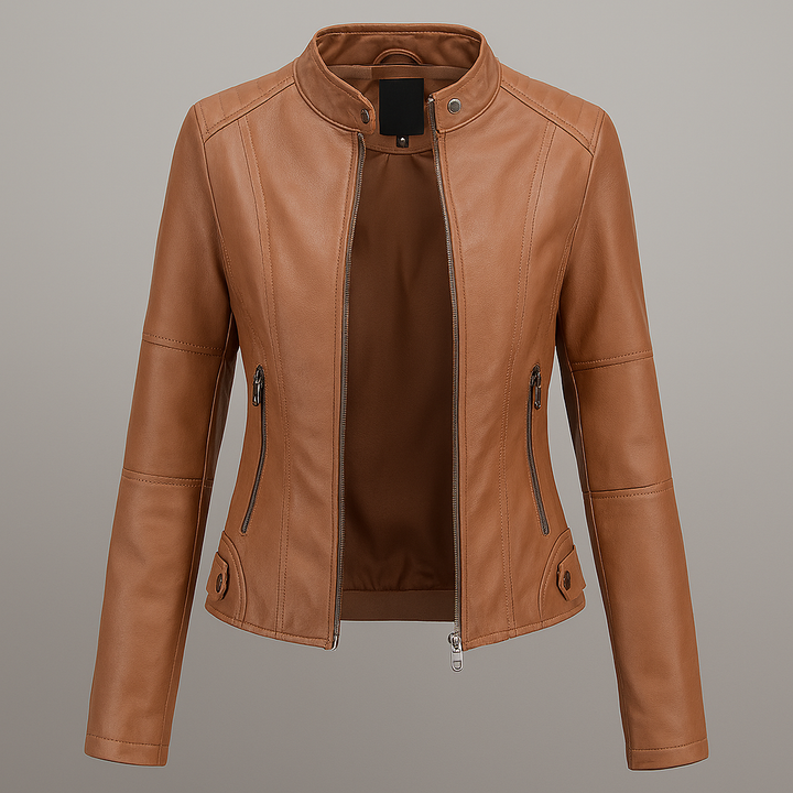 Red fitted women's moto jacket featuring a stand collar and zip. Slim-fit and cropped, ideal for modern chic.