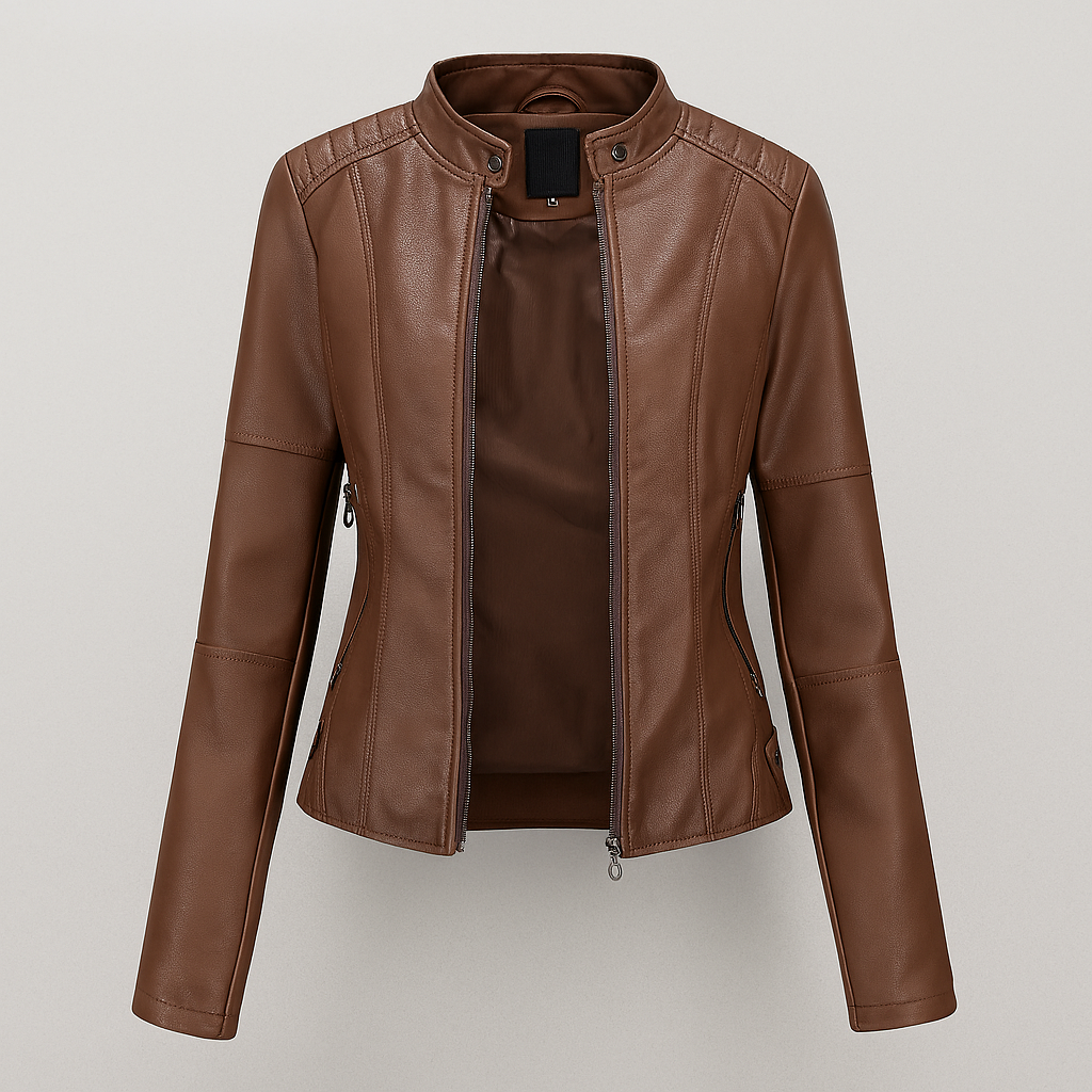 Chic women's red moto jacket, slim-fit for street style. Versatile spring/autumn outerwear with modern appeal.