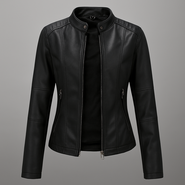 Women's fitted red moto jacket with stand collar and zip closure. Perfect slim-fit spring/autumn outerwear.