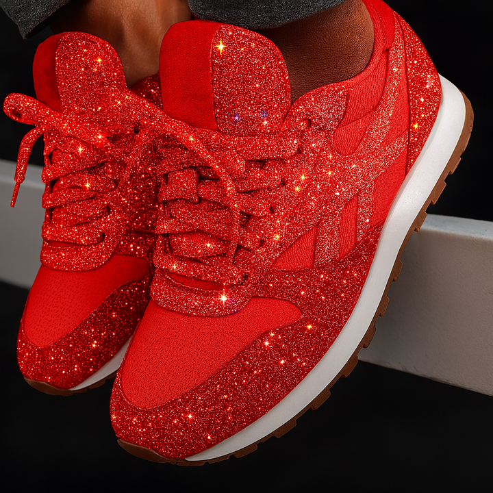 Women's trendy glitter chunky platform sneakers for streetwear fashion. Lace-up comfortable footwear.