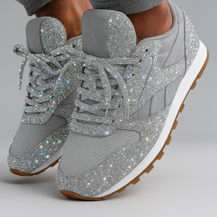 Shimmering women's chunky platform sneakers with glitter detailing, a must-have for trendy footwear.