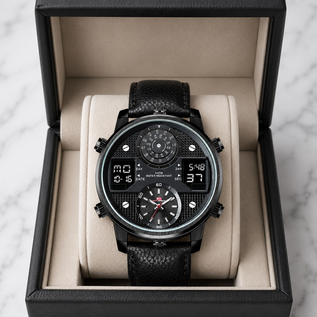 Vibrant blue men's multifunction stainless steel dive watch. Oversized dial, water-resistant, and durable timepiece.