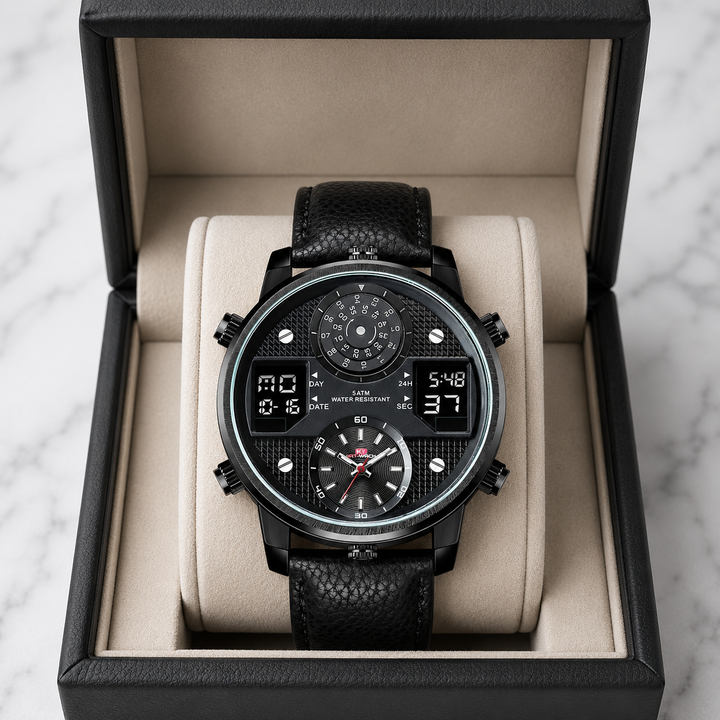Vibrant blue men's multifunction stainless steel dive watch. Oversized dial, water-resistant, and durable timepiece.