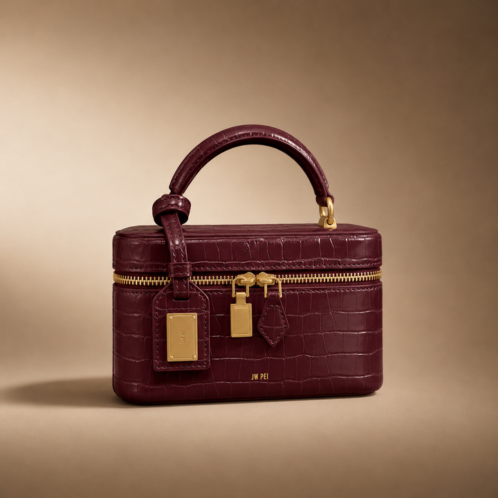 Structured black crocodile embossed box bag. Elegant faux leather women's handbag, perfect fashion accessory.