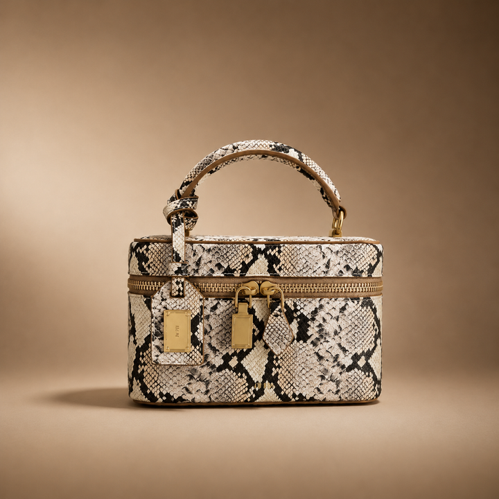 Black faux leather crocodile print box bag. Structured women's elegant handbag and versatile crossbody accessory.