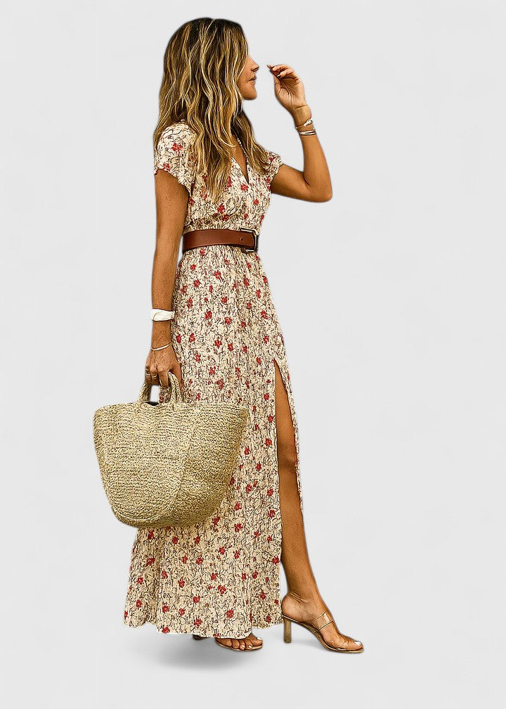 Chic women's long patterned maxi dress with a boho print and flattering gathered waist for versatile wear.