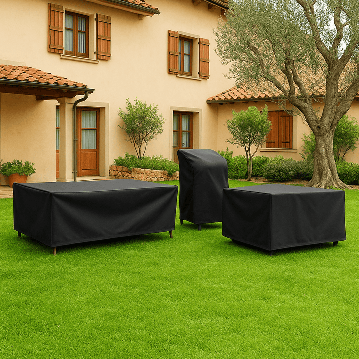 Durable polyester outdoor furniture cover, water repellent & UV resistant for patio protection.