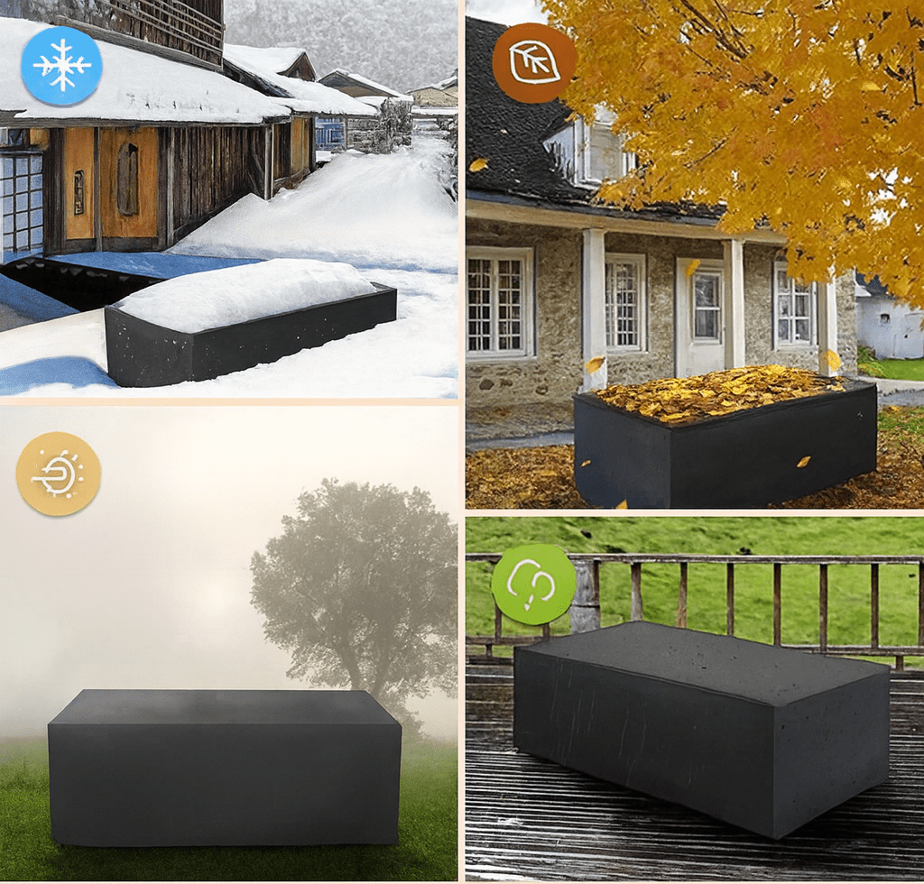 Outdoor patio furniture cover, heavy duty polyester. Weatherproof, UV resistant, water repellent.