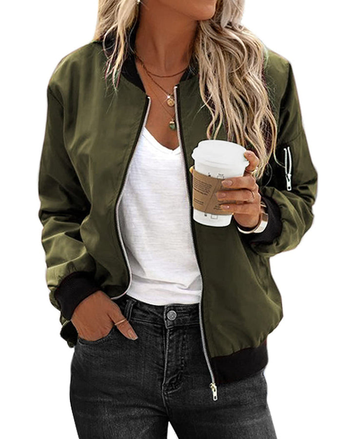 Army green women's zip-up bomber jacket, a versatile outerwear piece for spring & fall fashion.
