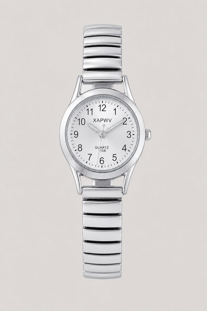 Minimalist black unisex analog watch with easy-read dial and comfortable expansion band, a classic timepiece.