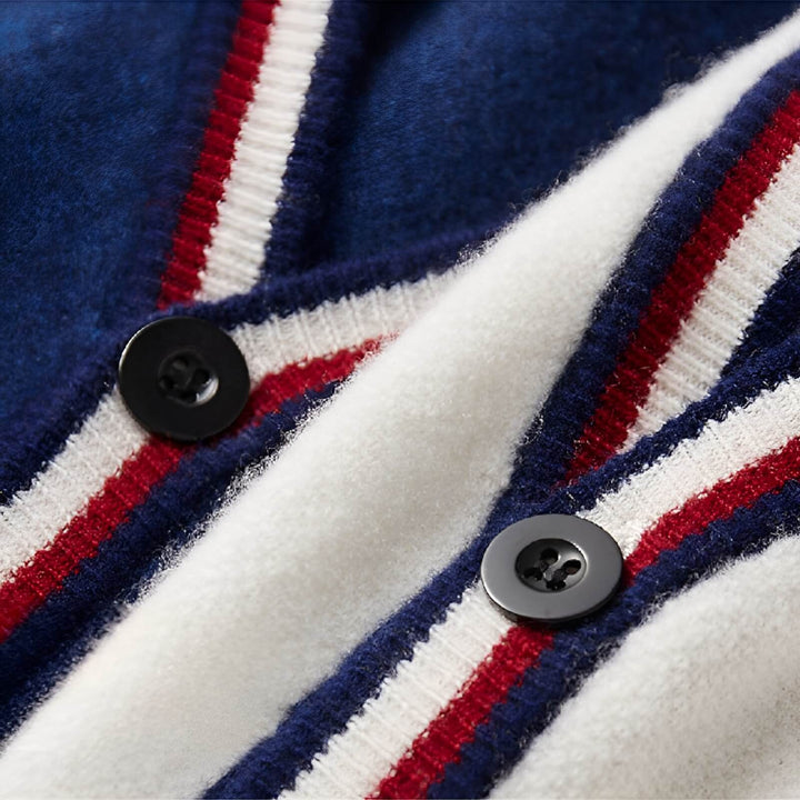 Men's deep blue & cream striped V-neck cardigan with buttons, cozy knitwear sweater for stylish layering.