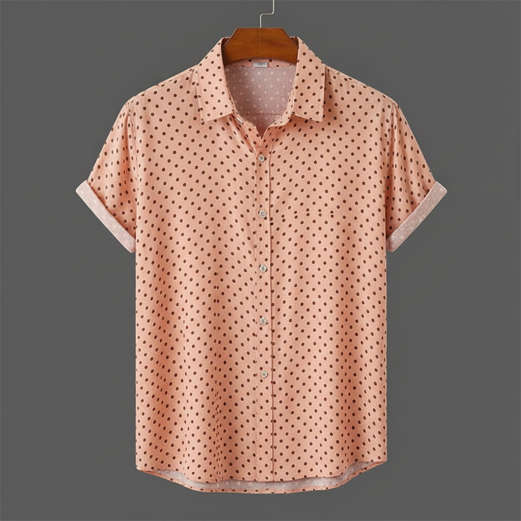 Men's fashionable polka dot patterned shirt, short sleeve cabana style, ideal for vacation outfits.