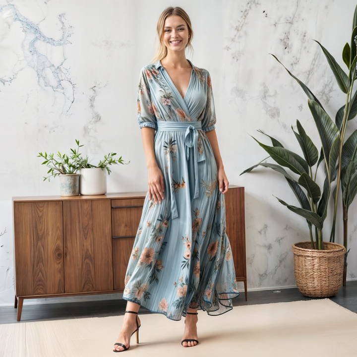 Elegant light blue floral wrap V-neck midi dress for women, perfect as a wedding guest or party dress.