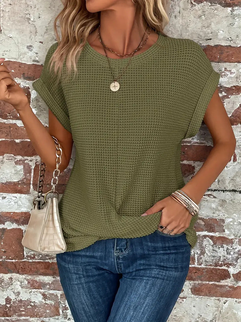 Light & breezy women's short sleeve waffle knit top, perfect for summer casual wear or spring layering.
