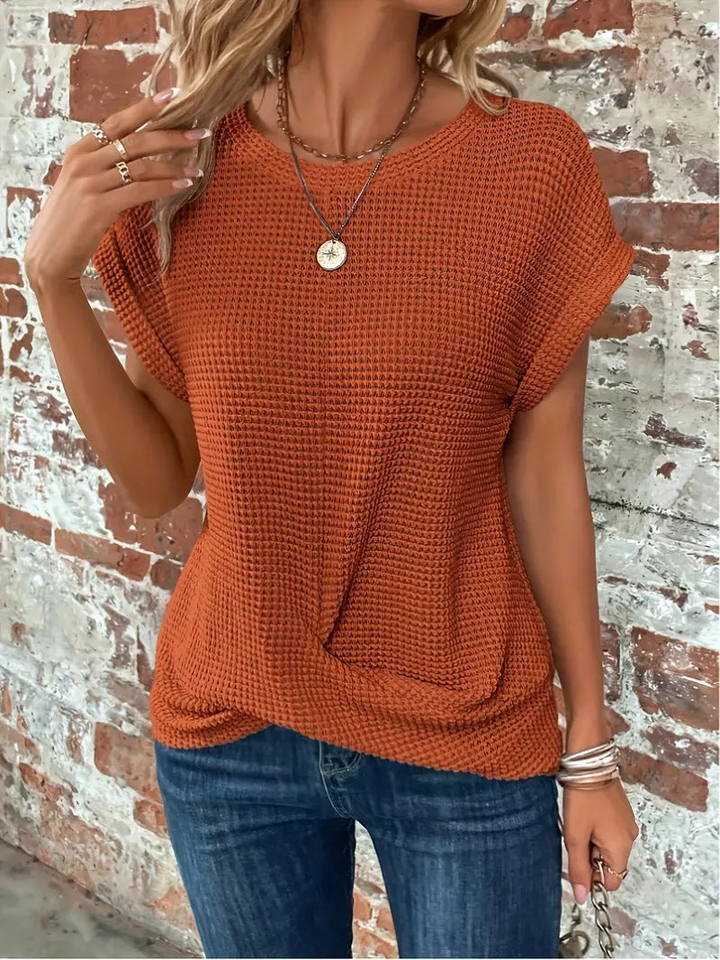 Women's casual waffle knit short sleeve top, relaxed fit for everyday comfort & style.