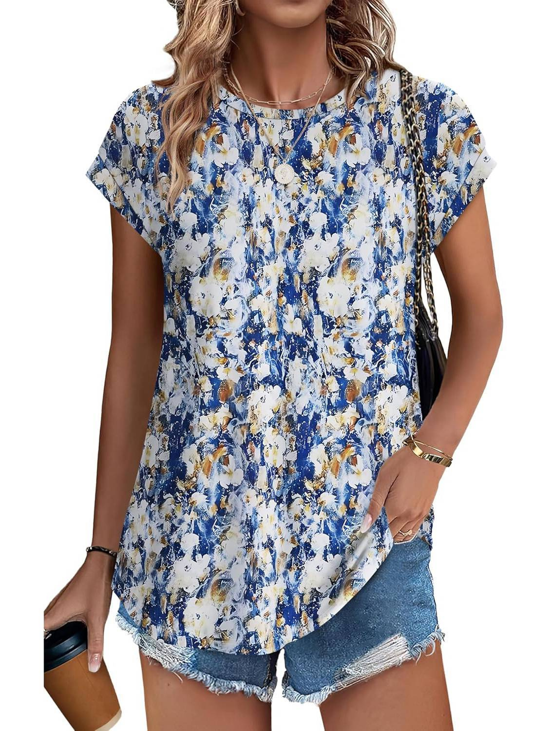 Everyday women's top featuring a natural botanical leaf print and classic cap sleeves.
