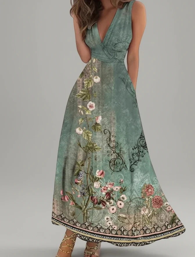 Elegant women's floral V-neck A-line midi dress. Perfect for summer, featuring vibrant flowers & a flattering fit.