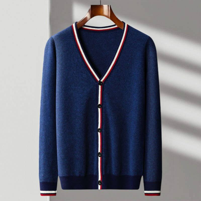 Stylish men's casual deep blue & cream striped V-neck cardigan, soft knit layering piece for comfort.
