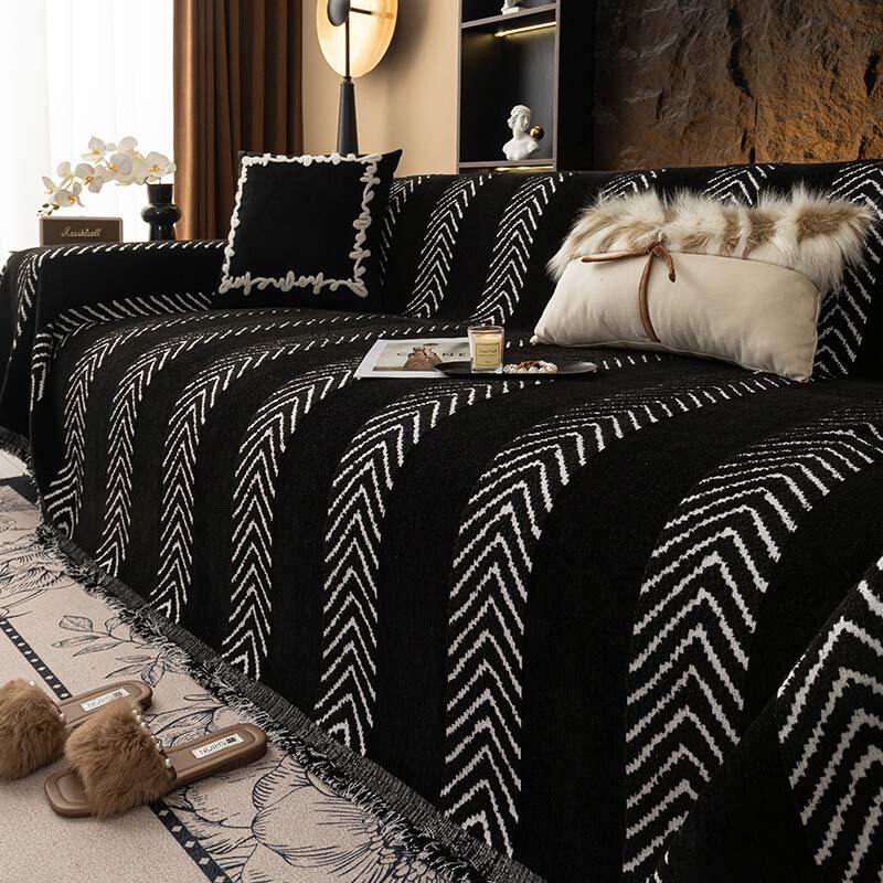 Durable herringbone chenille sofa cover. Pet friendly couch throw, protects furniture. Easy clean living room decor.
