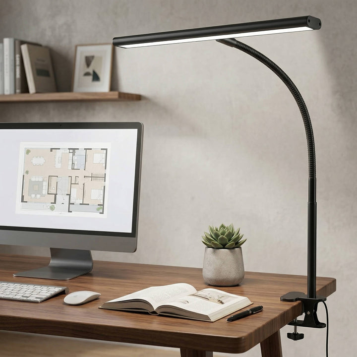 Versatile LED desk lamp with flexible gooseneck, dimmable, and color adjustable for optimal office or study lighting.