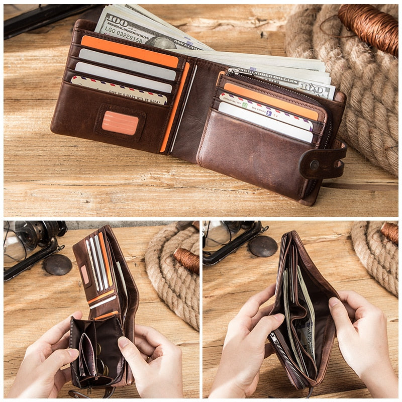 Durable vintage cowhide leather wallet for men, featuring a secure coin purse & spacious card slots. Ideal gift for him.