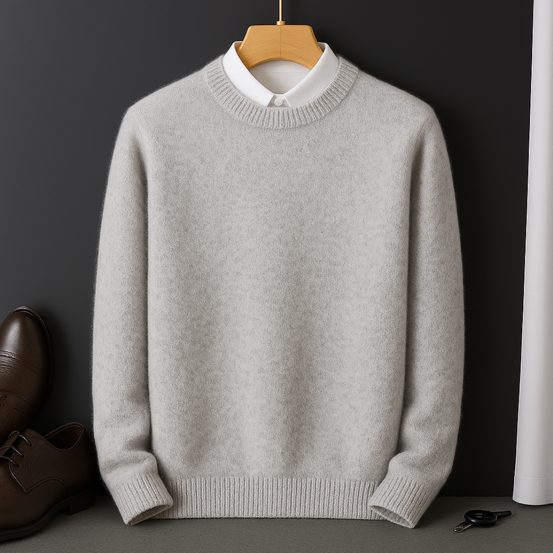 Man wearing a comfortable men's Valencia soft knit sweater, showcasing its stylish fit for winter fashion.