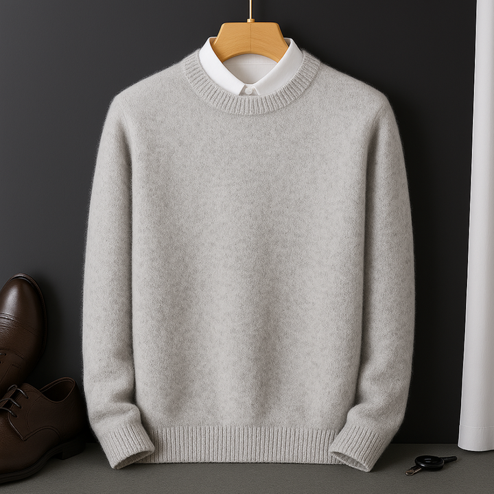 Man wearing a comfortable men's Valencia soft knit sweater, showcasing its stylish fit for winter fashion.