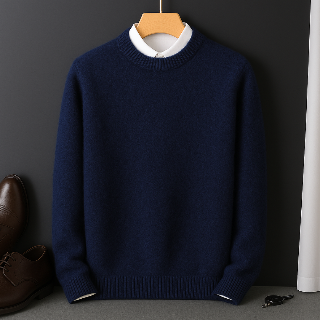 Classic men's crewneck long sleeve sweater, offering soft comfort and a stylish look for everyday wear.