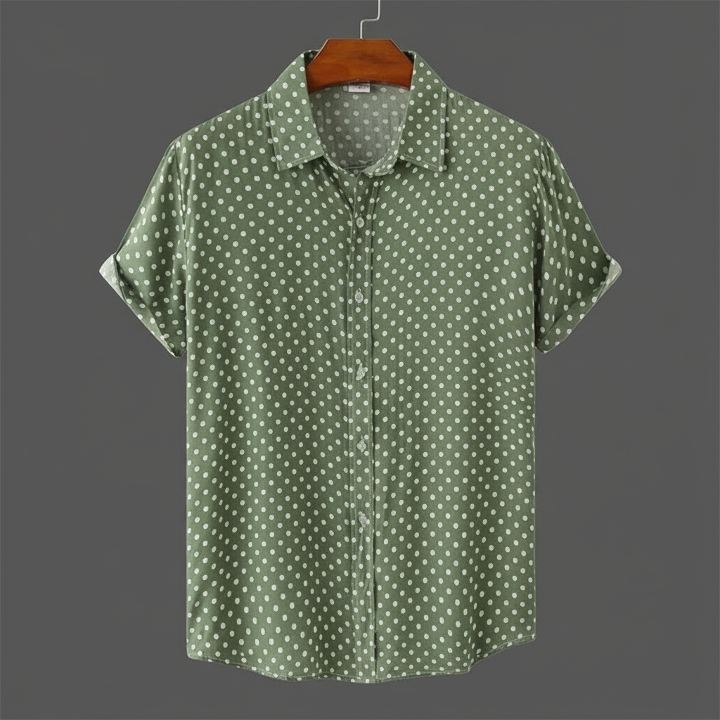 Men's polka dot cabana shirt, short sleeve, relaxed fit, perfect for summer casual style.